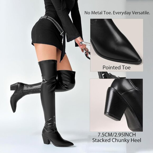Women Black-1 Synthetic high High Boots Leather PU Stretch Over The Knee Boots - Picture 3 of 9